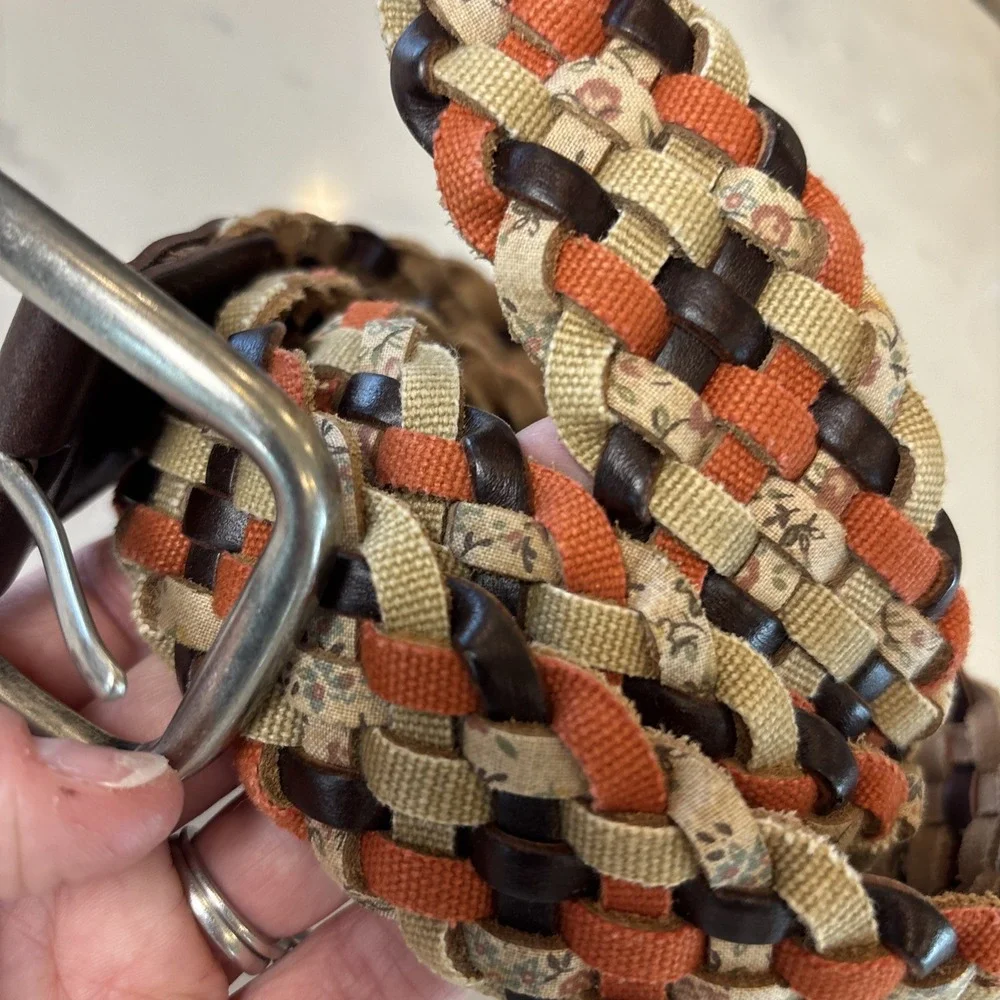 Boho Leather Cotton‎ Braided Belt Earthtone Floral Accent Homestead Women LG 44